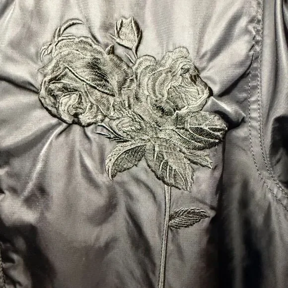 Obey Rose Embroidery Fleece-Lined Longline Black Bomber Jacket size M - Picture 7 of 12